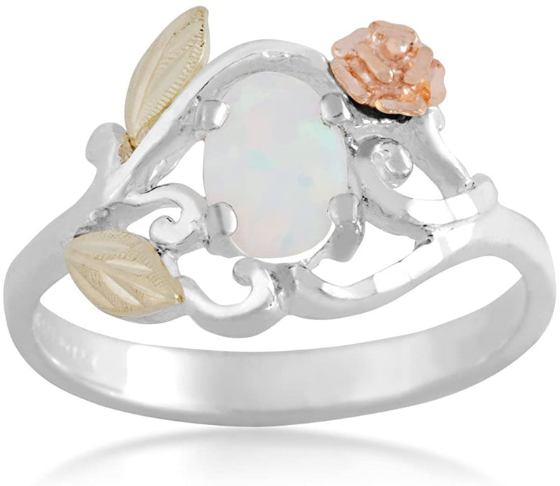 Opal Cabochon and 3D Rose Ring, Sterling Silver, 12k Green and Rose Gold Black Hills Gold Motif