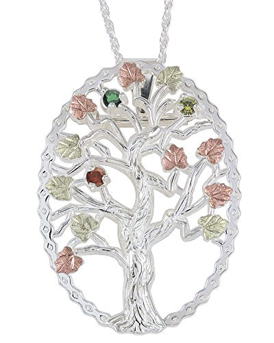 Emerald, Peridot and Garnet Tree Pendant Necklace, Sterling Silver, 12k Green and Rose Gold Black Hills Gold Motif, 18"