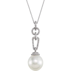 Diamond and South Sea Cultured White Pearl Pendant Necklace in 14k White Gold, 18" (.33 Cttw)