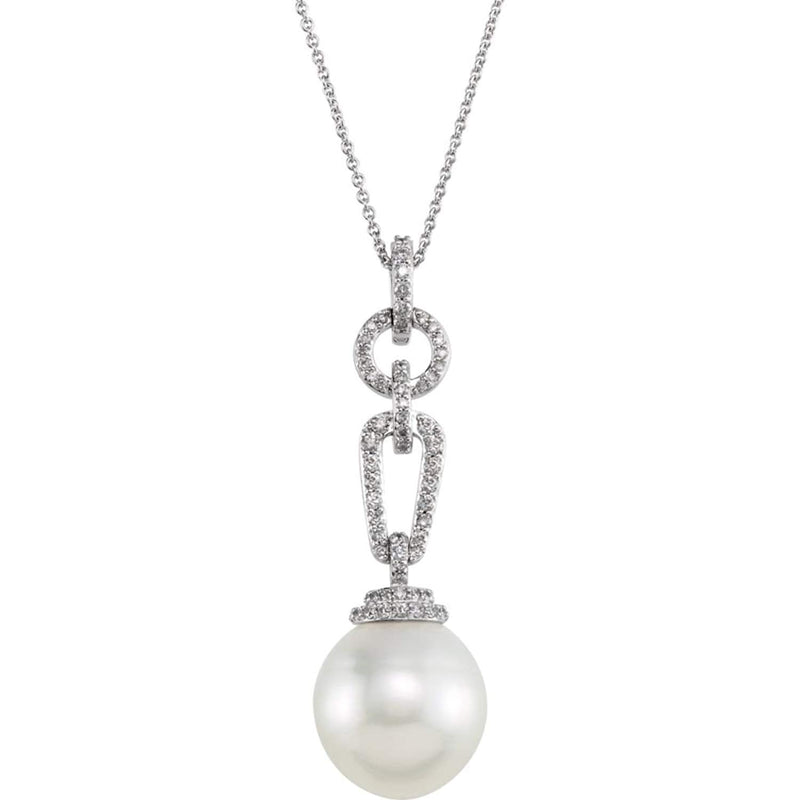 Diamond and South Sea Cultured White Pearl Pendant Necklace in 14k White Gold, 18" (.33 Cttw)