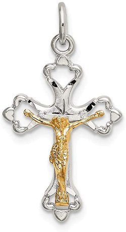 Gold-Plated Sterling Silver Diamond-Cut Fleur-de-lis Budded Crucifix Pendant, 1.10x.57 Inches (28X14.5 MM)