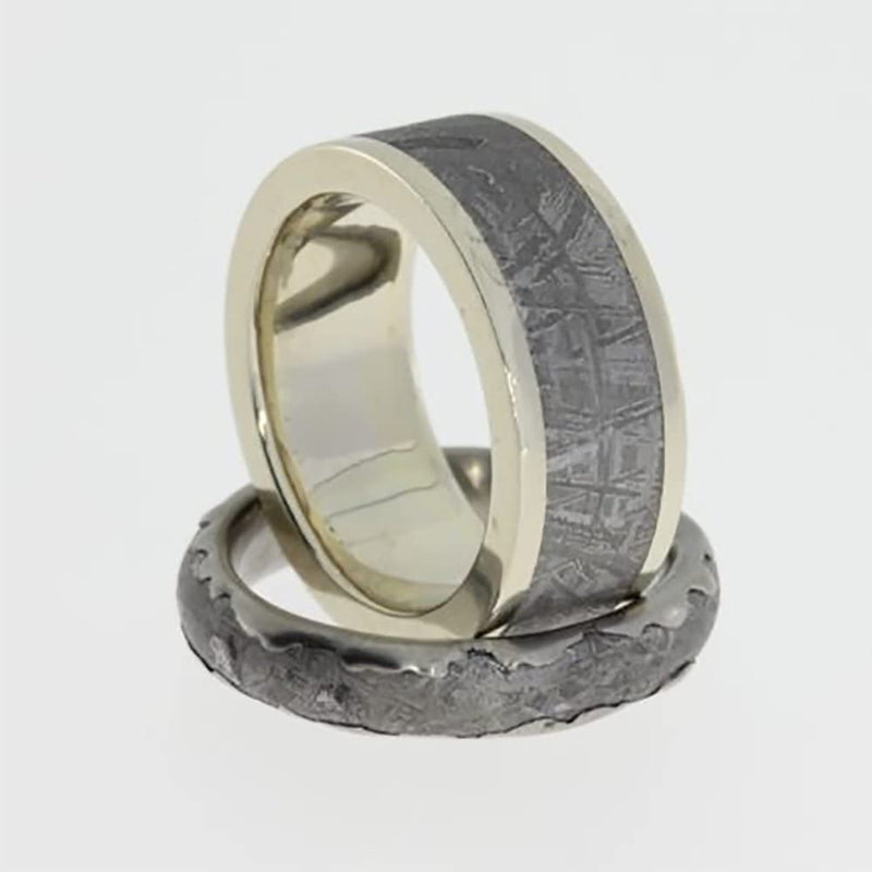 Gibeon Meteorite Wavy Titanium Band and Gibeon Meteorite, 14k Yellow Gold Band, Couples Wedding Rings, M15-F4.5