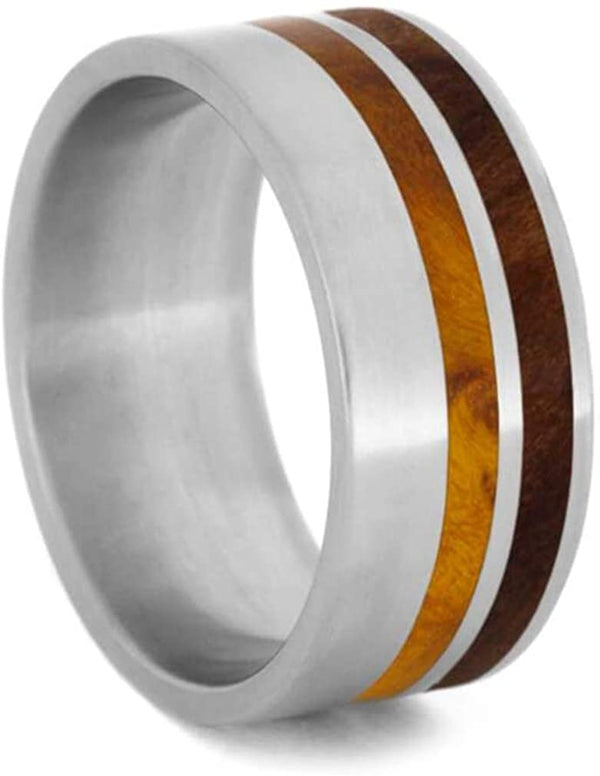 Men's Titanium Gold Box Elder Burl Wood and Redwood 10mm Comfort-Fit Band, Handmade, Size 11.5