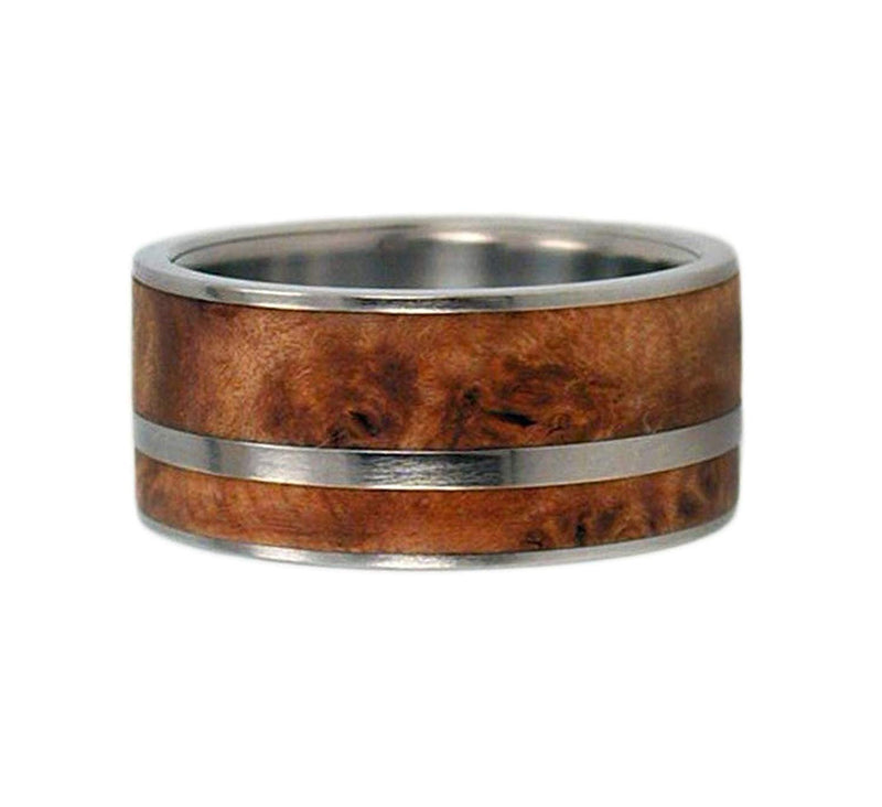 Amboyna Wood 9mm Comfort Fit Interchangeable Titanium Ring, Size 10
