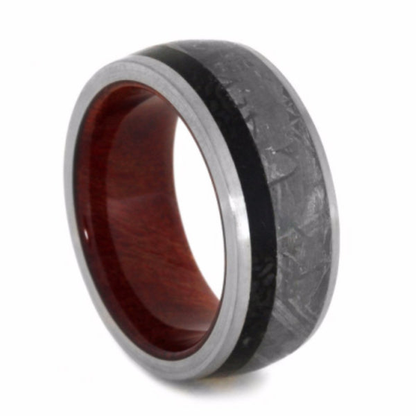 Gibeon Meteorite, Dinosaur Bone, Ruby Redwood 9mm Comfort-Fit Titanium Wedding Band