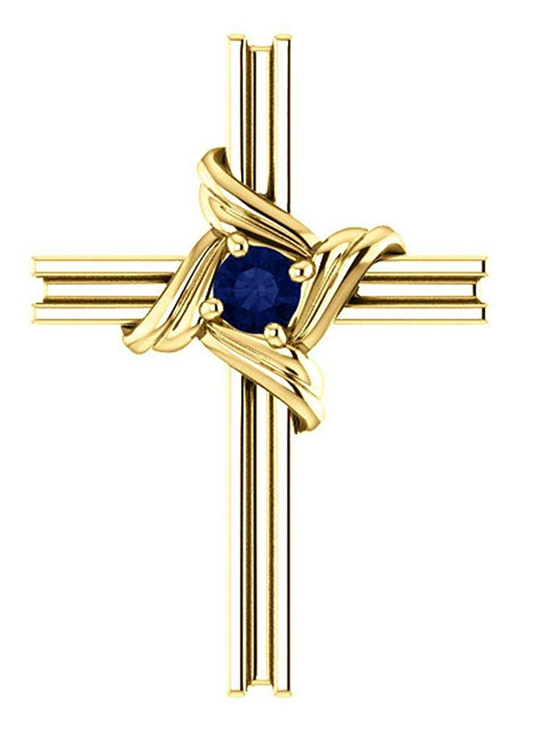 Blue Sapphire Cross 14k Yellow Gold Pendant (18.10X12.80 MM)