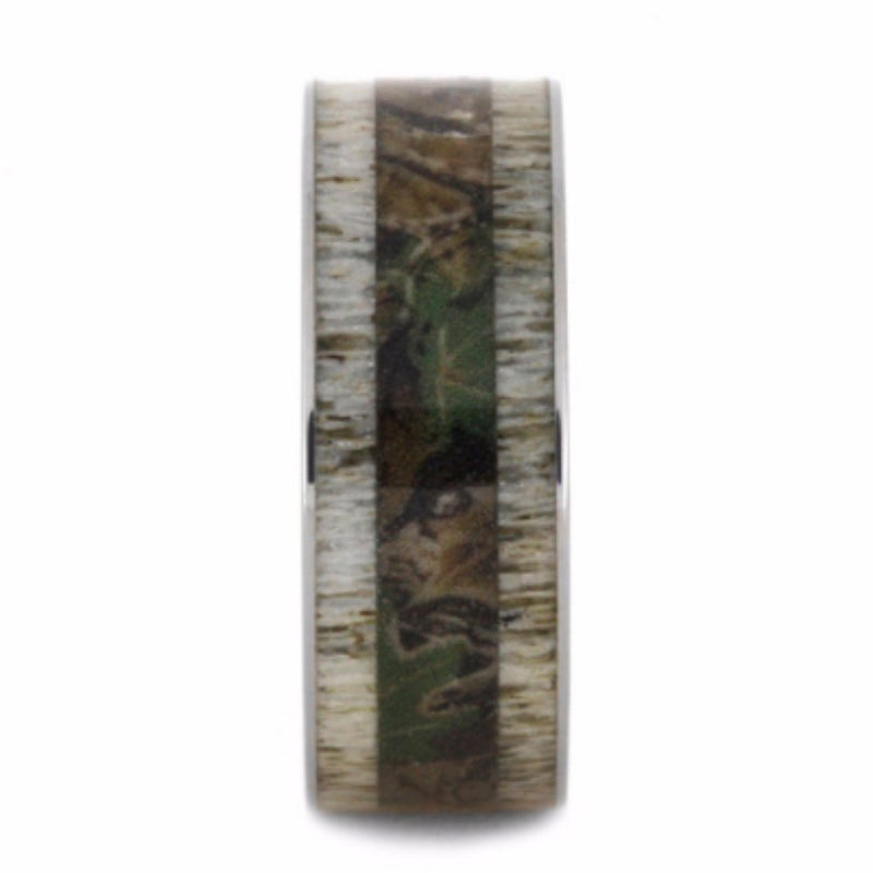 Camouflage Print and Deer Antler 9mm Comfort-Fit Titanium Wedding Band