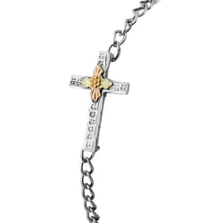 Engraved Cross Chain Bracelet; Sterling Silver, 12k Green and Rose Gold Black Hills Gold Motif