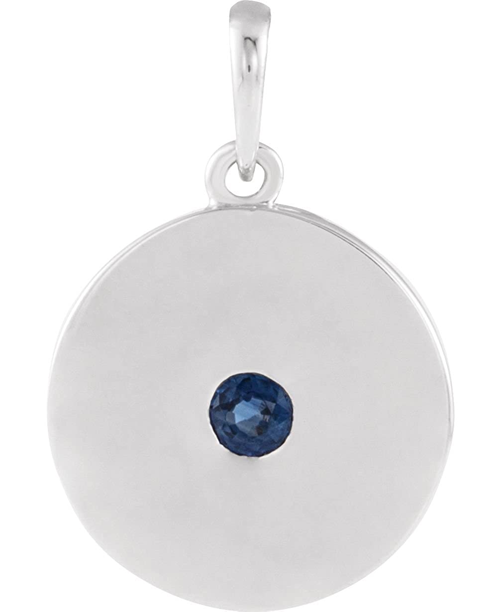 Round Blue Sapphire Disc Pendant, Rhodium-Plated 14k White Gold