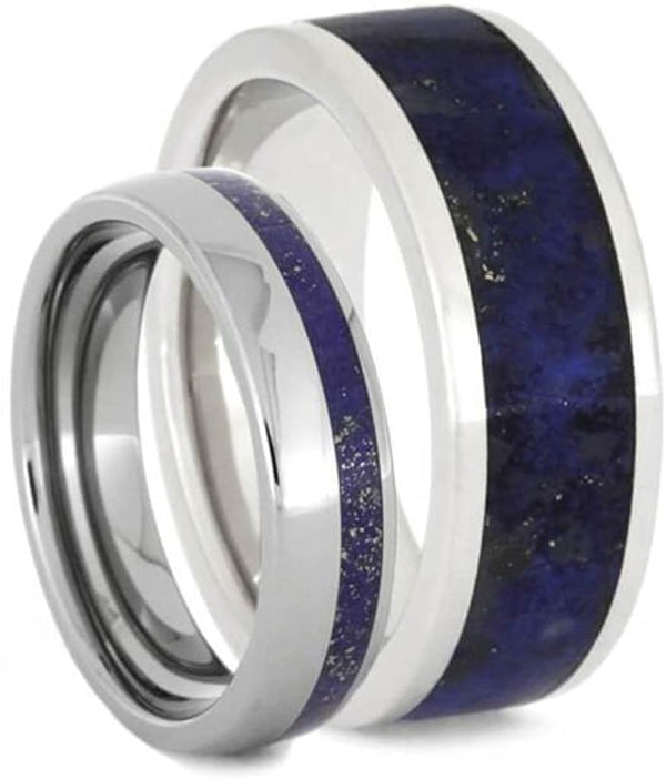 Lapis Lazuli Titanium Band and Lapis Lazuli Platinum Band, His and Hers Wedding Rings