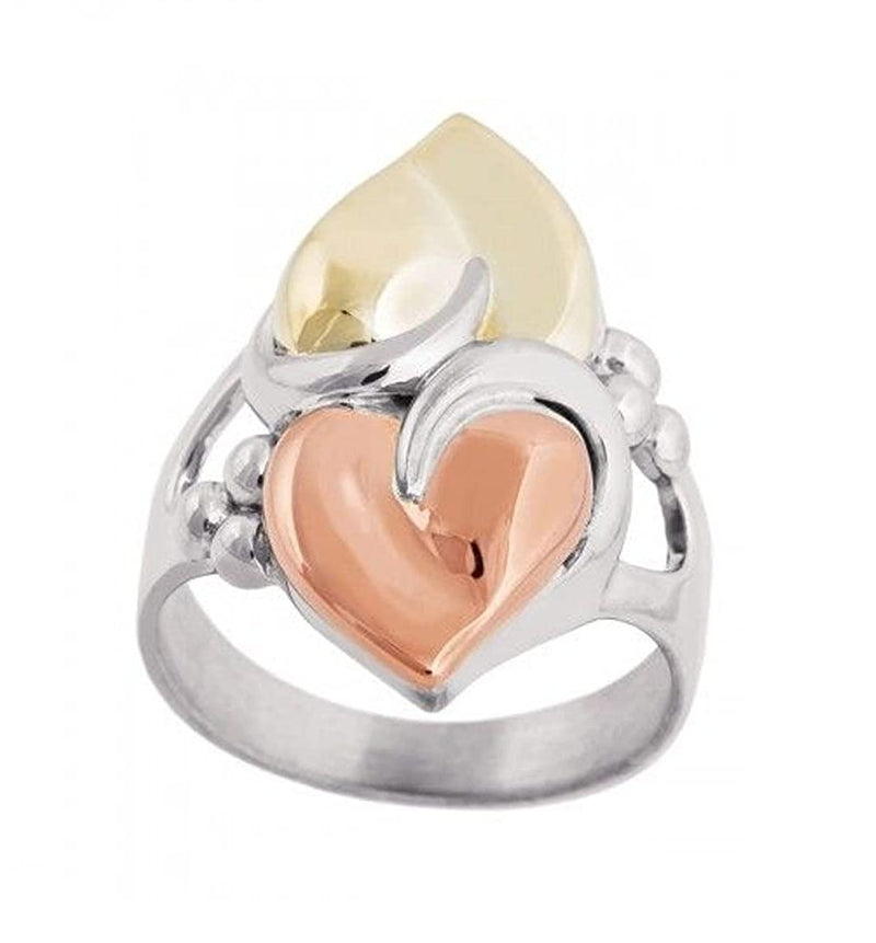 3D Sculpted Hearts Ring, Rhodium Plated Sterling Silver, 10k Green and Rose Gold, 18" to 22"