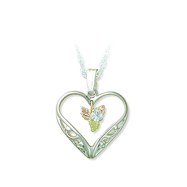 Created White Sapphire with Heart Necklace, Sterling Silver, 12k Green and Rose Gold Black Hills Gold Motif, 18"