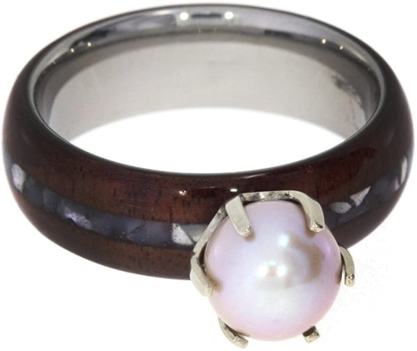 Freshwater Pink Pearl, Bolivian Rosewood, Mother of Pearl 6.5mm Comfort Fit Titanium Engagement Ring, Size 11.75