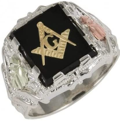 Men's Onyx Rectangle Masonic Ring, Sterling Silver, 12k Green and Rose Gold Black Hills Gold Motif, Size 8.5