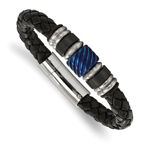 Men's Brushed Stainless Steel Black and Blue IP-Plated, Black Rubber and Leather Bracelet, 8.5"