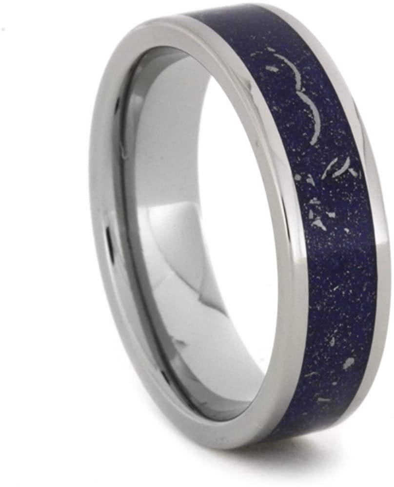 Blue Stardust, 14k White Gold, Meteorite Shavings 6mm Comfort-Fit Titanium Band, Size 15.25