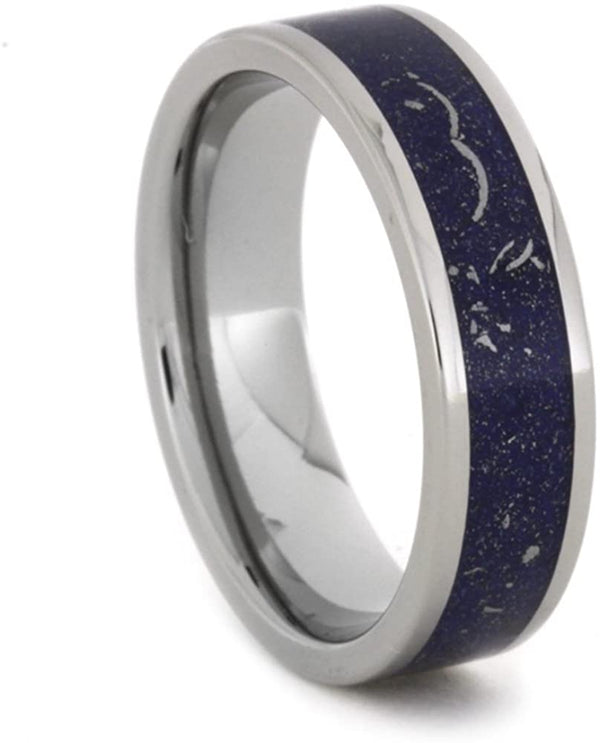 Blue Meteorite and 14k White Gold Stardust 6mm Comfort-Fit Titanium Band, Size 7.5