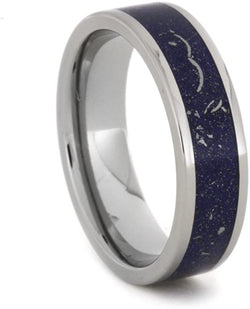 Blue Meteorite and 14k White Gold Stardust 6mm Comfort-Fit Titanium Band, Size 15.5