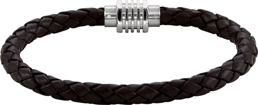 6mm Dark Brown Leather and Stainless Steel Bracelet, 8.5"