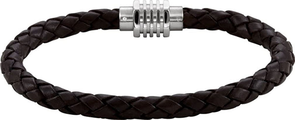 6mm Dark Brown Leather and Stainless Steel Bracelet, 8.5"