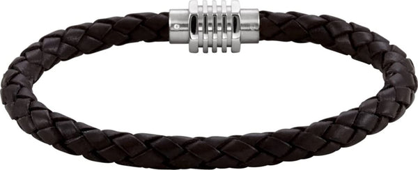 6mm Black Leather and Stainless Steel Bracelet, 9"