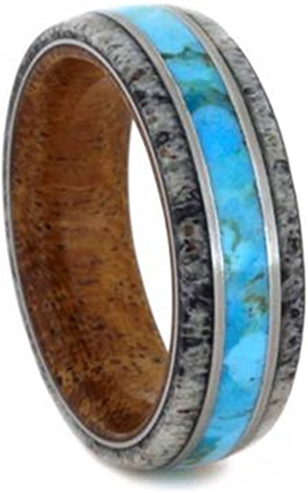 Turquoise, Deer Antler, Mesquite Wood Sleeve 7mm Comfort-Fit Brushed Titanium Wedding Band, Size 10.75