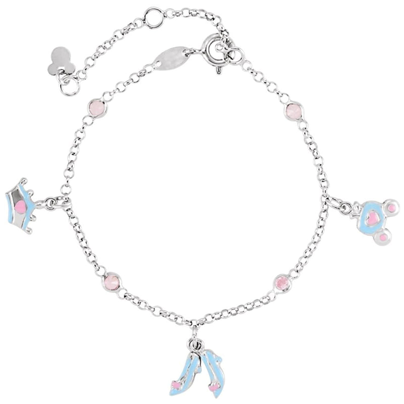 Childrens Pink CZ Cinderella Sterling Silver Charm Bracelet, Adjustable 5.5" to 7.5"