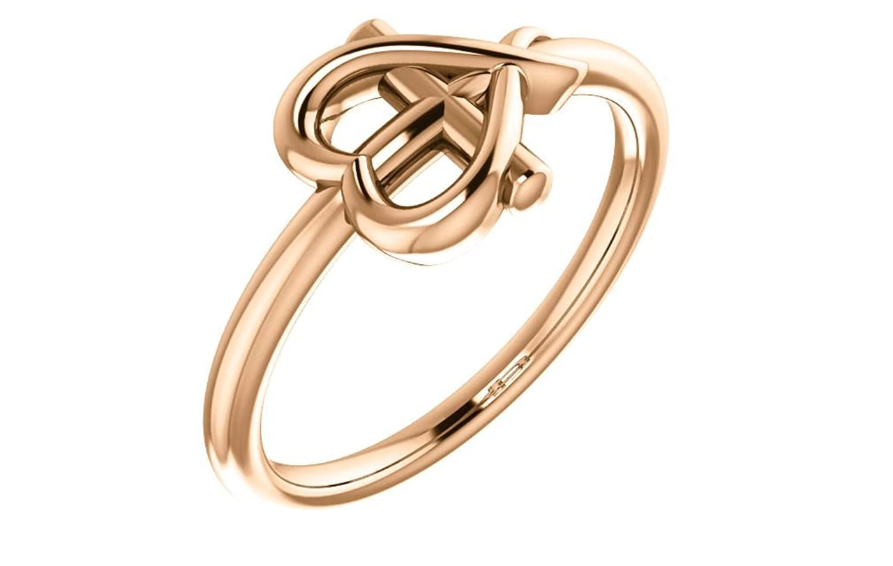 Girl's Cross with Heart 14k Rose Gold Youth Ring, Size 5.25