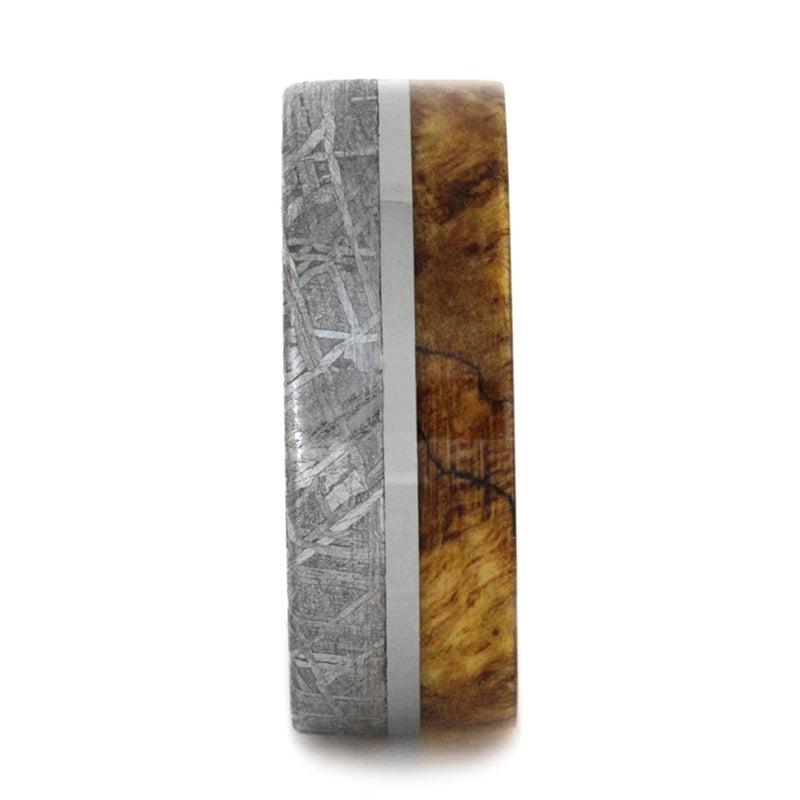 Spalted Maple Burl, Gibeon Meteorite 8mm Comfort-Fit Titanium Ring, Size 8