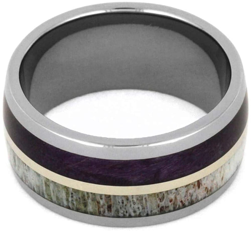 Men's Purple Box Elder Burl, Deer Antler Titanium Band, Women's Purple Box Elder Burl Wood Titanium Band Sizes M10-F7