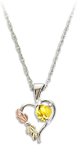 Yellow CZ November Birthstone Heart Pendant Necklace, Sterling Silver, 12k Green and Rose Gold Black Hills Gold Motif, 18"