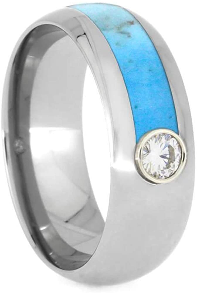 Moissanite, Asymmetrical Turquoise 8mm Titanium Comfort-Fit Band, Size 13.25