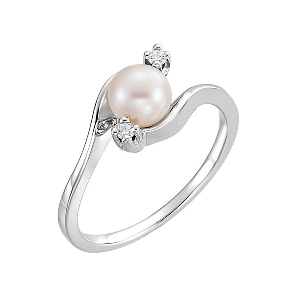 White Akoya Cultured Pearl and Diamond Bypass Ring, Rhodium-Plated 14k White Gold (5.5mm) (.04Ctw, G-H Color, I1 Clarity)