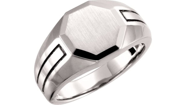 Men's Octagon Brushed-Satin Signet Ring, Rhodium-Plated 14k White Gold (12.5x12.7mm) Size 10