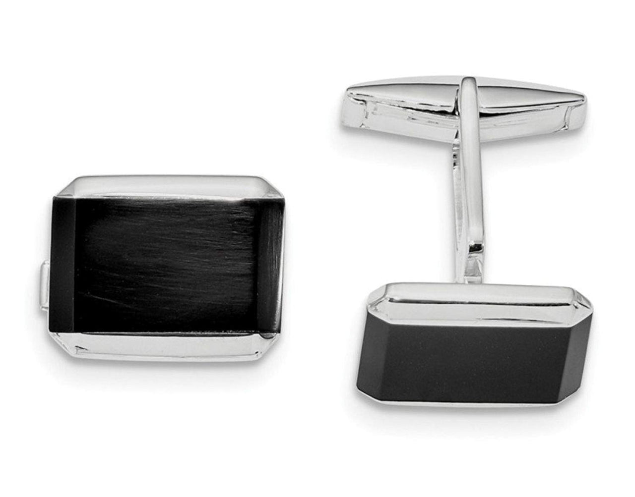 Rhodium-Plated Sterling Silver Onyx Rectangle Cuff Links, 24.1X18.1MM