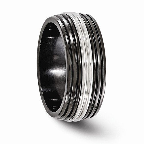 Defiance Collection Black Titanium and Stainless Steel Grooved 9mm Domed Band