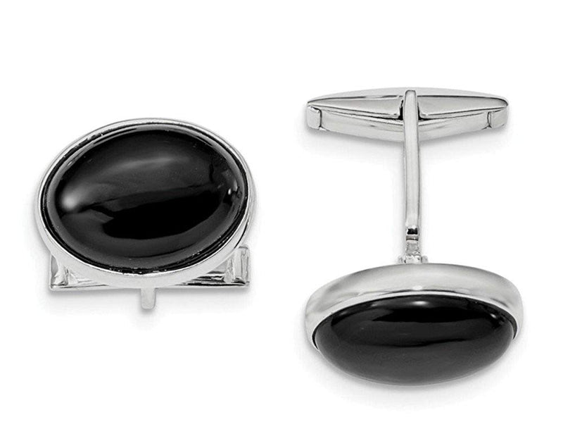 Rhodium-Plated Sterling Silver Cabochon Onyx Round Cuff Links, 28.3X19.5MM