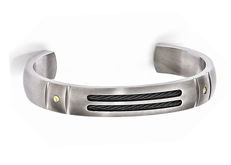 Cable Sport Collection Gray Titanium, Black Memory Cable, 18k Rivets Brushed Cuff Bracelet