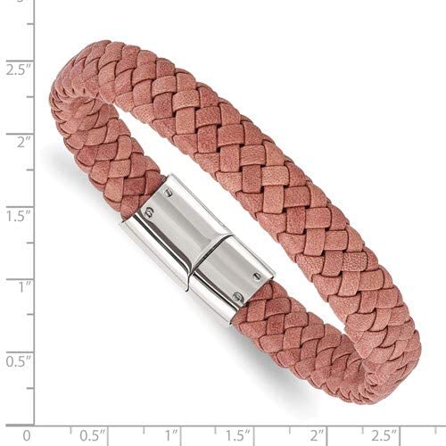 Men's Woven Brown Braided Leather Stainless Steel Magneic- Clasp Bracelet, 8.25 Inches
