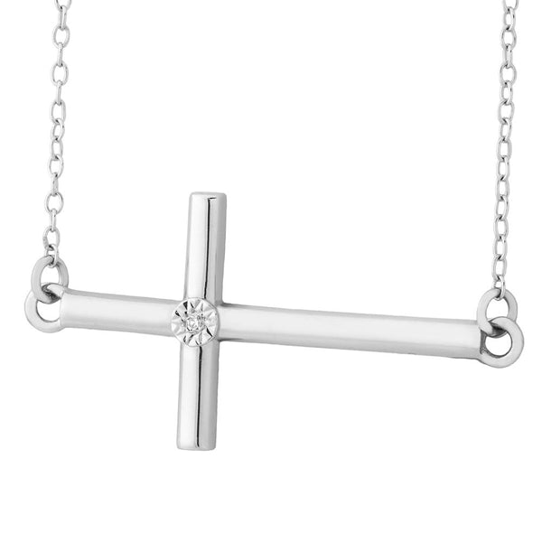 Diamond Sideways Cross Pendant Necklace, Rhodium Plated Sterling Silver, 18" (0.005 Ct)