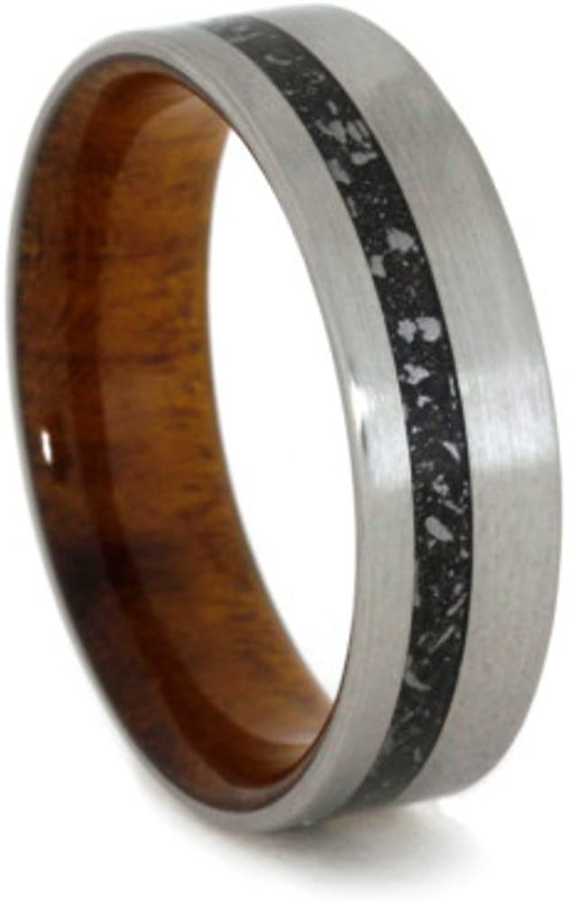 Stardust Meteorite, Ironwood Burl Sleeve 6mm Comfort-Fit Brushed Titanium Band, Size 14.75