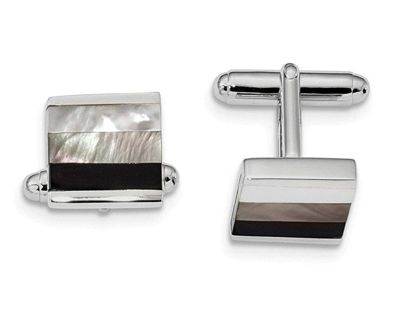 Rhodium-Plated Sterling Silver Onyx, White/Grey Mother Of Pearl Cuff Links, 19.6X18.5MM