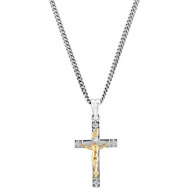 Two-Tone Crucifix Sterling Silver and 14k Yellow Gold Necklace, 24" (28X16.2MM)