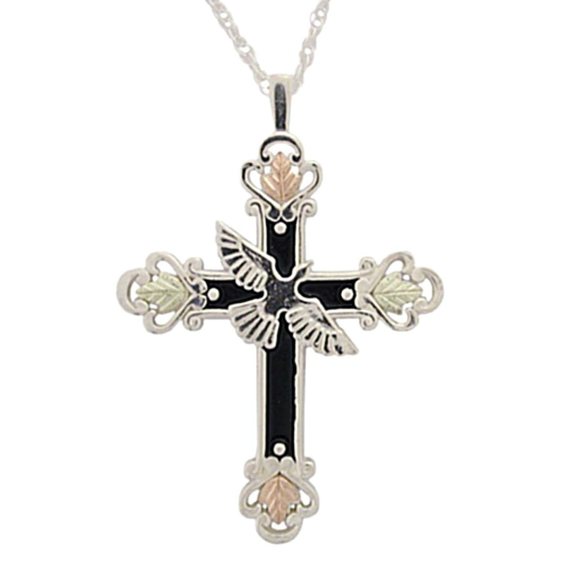 Antiqued Dove Cross Pendant Necklace, Sterling Silver, 12k Green and Rose Gold Black Hills Gold Motif, 18''