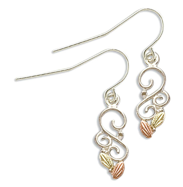 Dangling Swirl Earrings, Sterling Silver, 12k Green and Rose Gold Black Hills Gold Motif