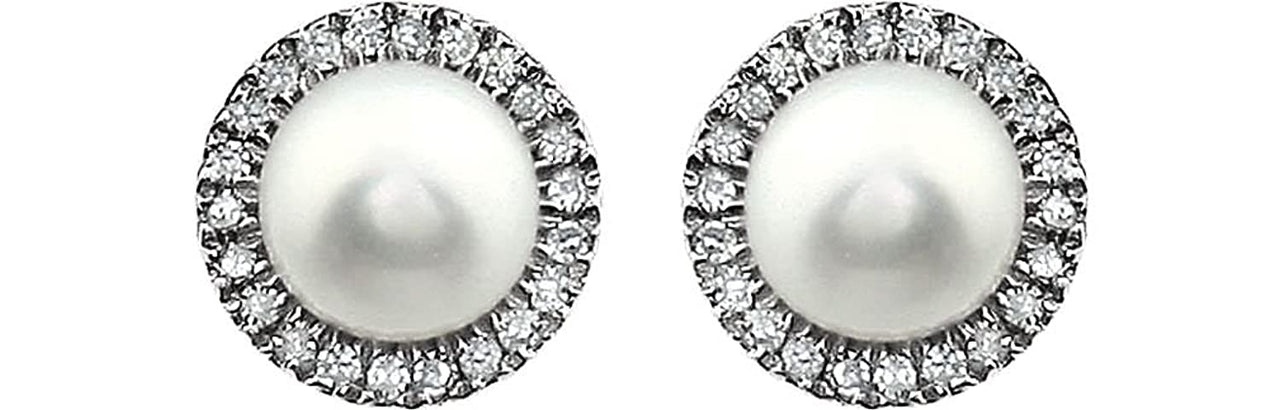 White Cultured Freshwater Pearl and Diamond Halo Button Earrings, Rhodium-Plated 14K White Gold, (5.5-6MM) (.13 Cttw, Color HIJ, Clarity I1-I2)