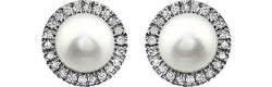White Cultured Freshwater Pearl and Diamond Halo Button Earrings, Rhodium-Plated 14K White Gold, (5.5-6MM) (.13 Cttw, Color HIJ, Clarity I1-I2)