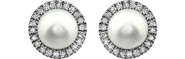 White Cultured Freshwater Pearl and Diamond Halo Button Earrings, Rhodium-Plated 14K White Gold, (5.5-6MM) (.13 Cttw, Color HIJ, Clarity I1-I2)