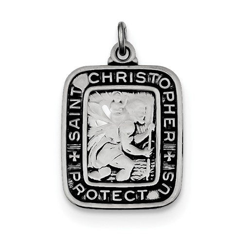 Sterling Silver Antiqued Square St. Christopher Medal Pendant (21X15MM)