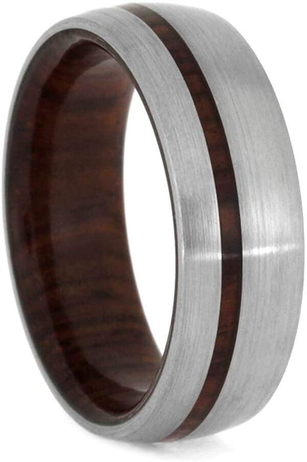 Brushed Titanium 8mm Comfort-Fit Cocobolo Wood Wedding Band, Size 4.75